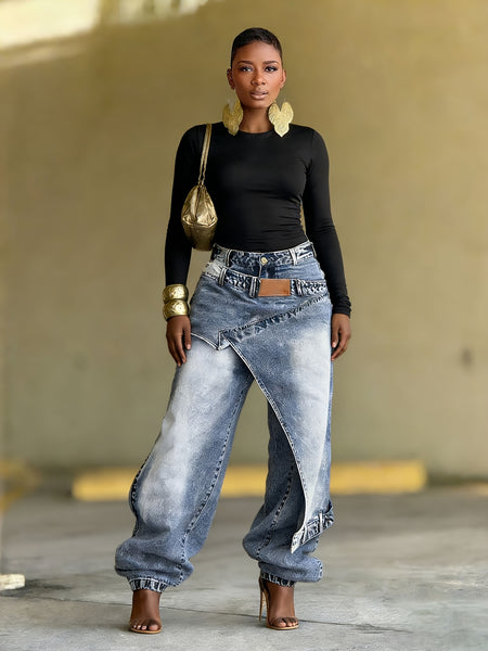 Women's Jeans with Unique Asymmetrical Cut, Distressed Wash, Loose Tapered Fit to Conceal And Slim, Pair with Metallic Accessories to Instantly Become A Street-style Icon