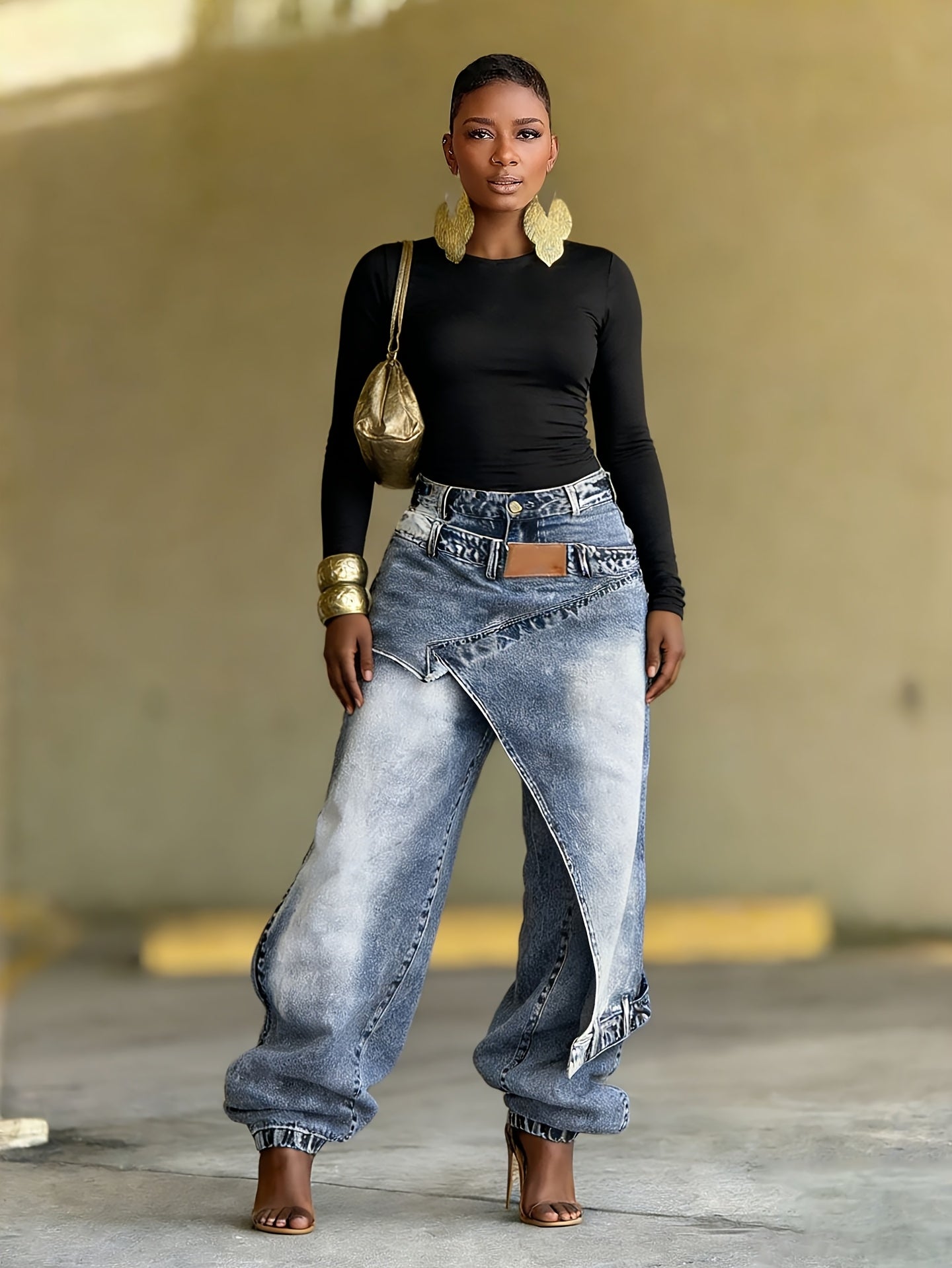 Women's Jeans with Unique Asymmetrical Cut, Distressed Wash, Loose Tapered Fit to Conceal And Slim, Pair with Metallic Accessories to Instantly Become A Street-style Icon