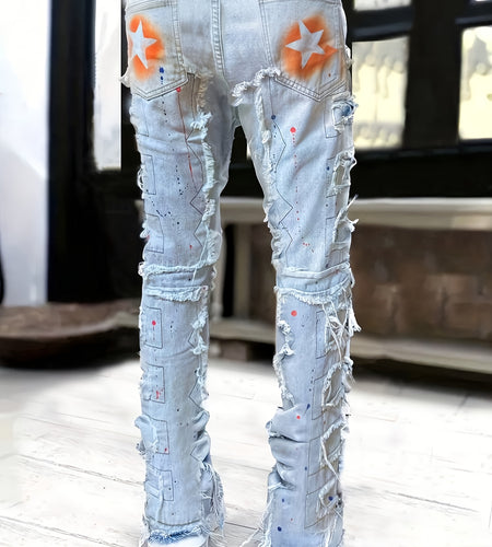 Men Urban Star Print Fashion Layered Tassel Jeans