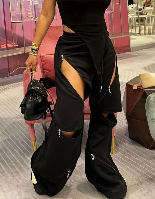 Load image into Gallery viewer, Women Chic  Fashion Flare Leg Pants with Multiple Zippers, Sexy Elastic Waistband, Loose Straight Fit
