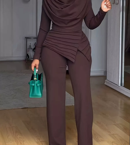 Plus Size - Women Plus Size Two-Piece Set - Cinched Waist Top & Flared Pants, Solid Color, Asymmetrical Design, Casual Style, Crew Neck, Slight Stretch Fabric