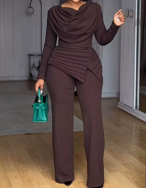 Load image into Gallery viewer, Plus Size - Women Plus Size Two-Piece Set - Cinched Waist Top &amp; Flared Pants, Solid Color, Asymmetrical Design, Casual Style, Crew Neck, Slight Stretch Fabric
