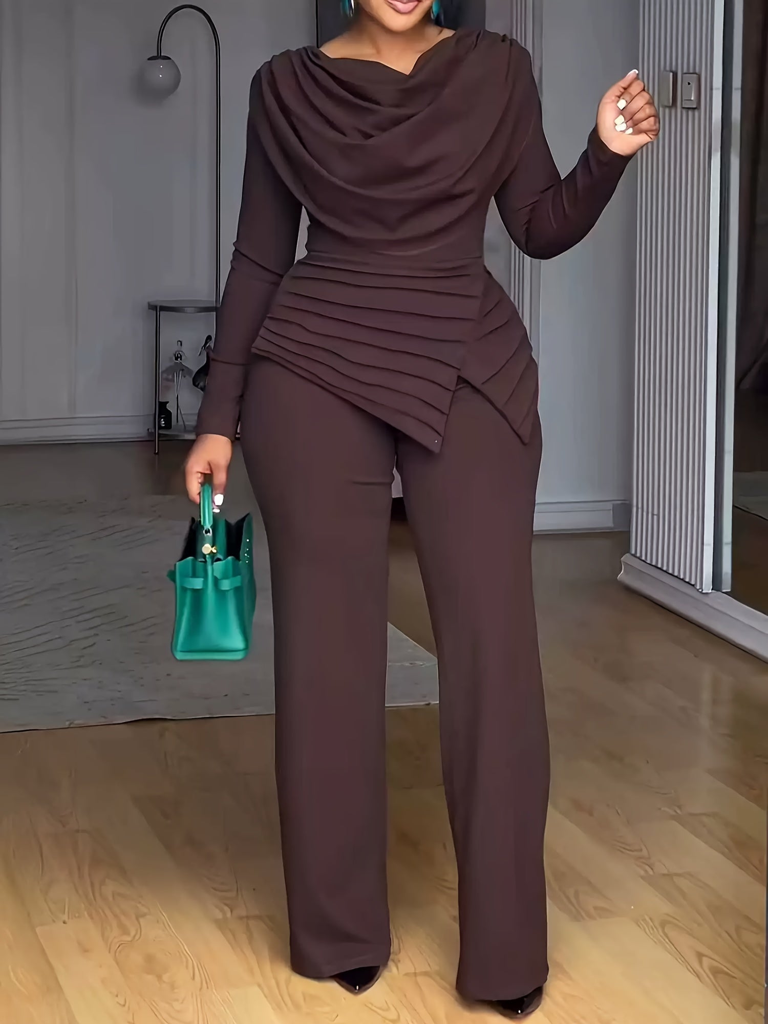 Plus Size - Women Plus Size Two-Piece Set - Cinched Waist Top & Flared Pants, Solid Color, Asymmetrical Design, Casual Style, Crew Neck, Slight Stretch Fabric