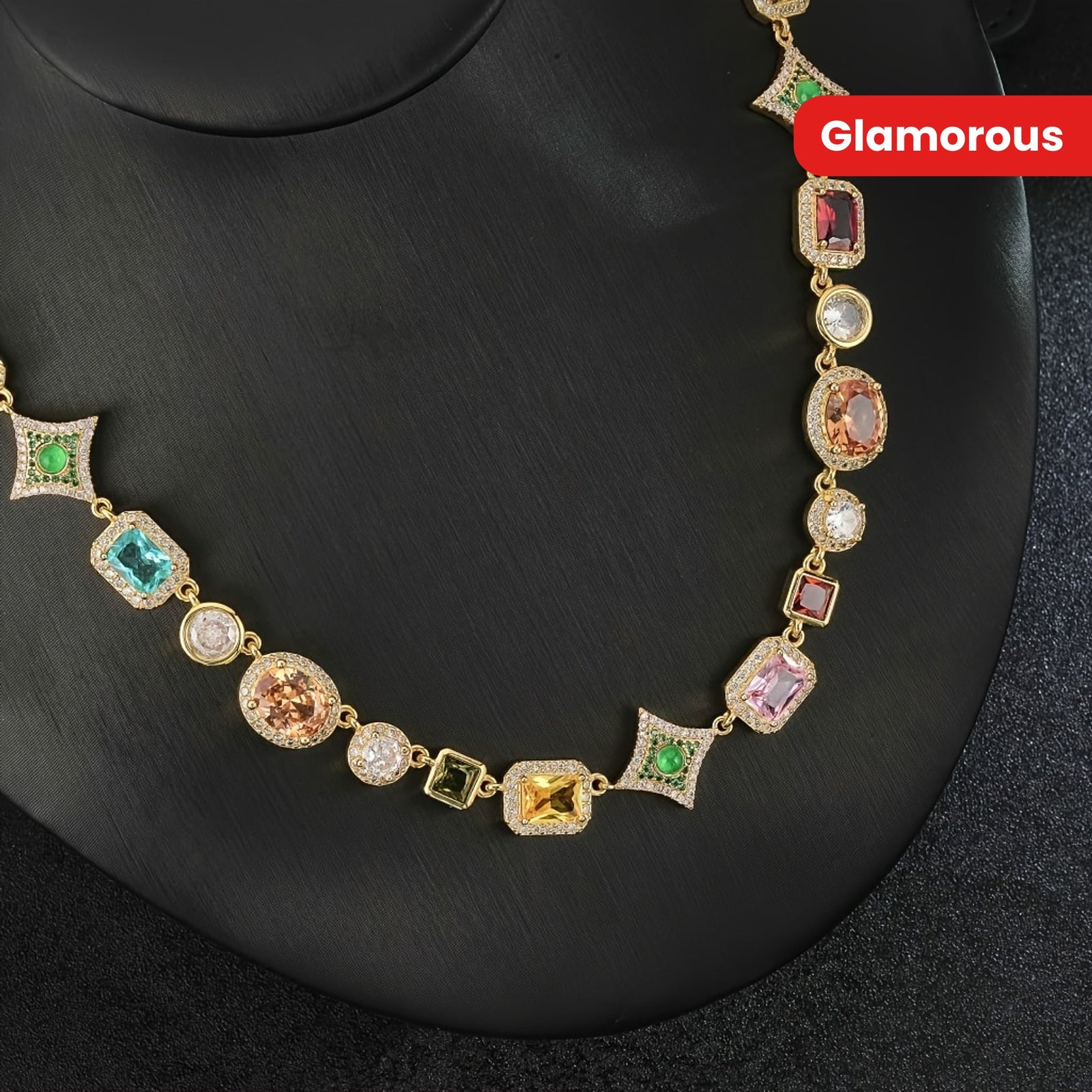 [18K Golden Chain Necklace]  18K Golden Plated Copper Chain Necklace | Glamorous, Hip Hop Style, 45cm + 5cm Extendable | Synthetic Colorful Faux Gemstones, 4-Prong Setting, with Synthetic Zirconia