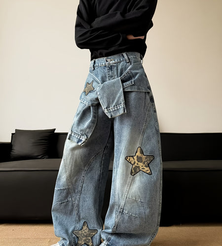 Men Wide Leg Jeans with Patchwork Embroidery | Deconstructed Scimitar Straight Leg Pants, Button Closure, Washed, Loose Fit, American Streetwear Trousers