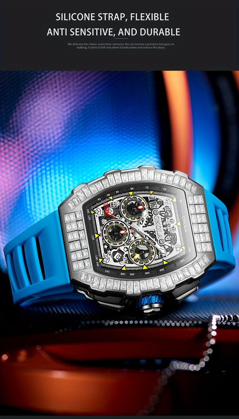 Men Automatic Mechanical Watch, Barrel Shape Hollow Tourbillon, Date Display, High-quality 3ATM Waterproof, Suitable For Casual And Formal Occasions, Daily Wear, Luxurious Sports Watch