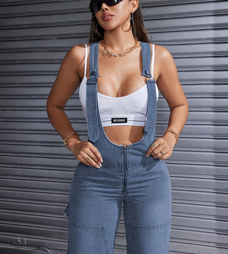 [High-Waisted] Women's Adjustable Lace-Up Denim Romper | High-Waisted Sleeveless Cargo Jeans | Double Button Closure | Sexy Casual Solid Color Design | Casual Attire | Sophisticated Texture