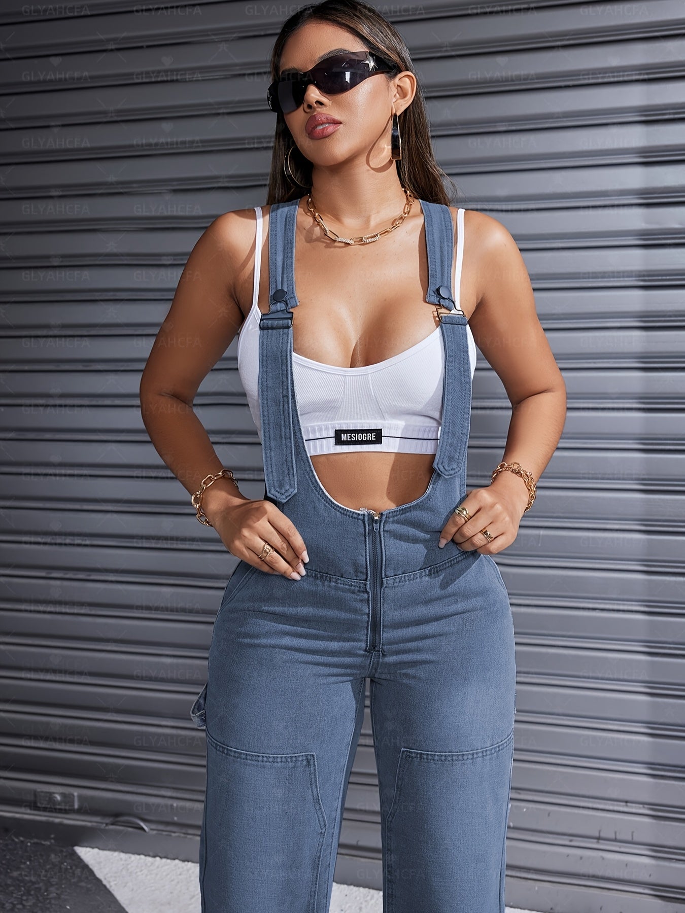 [High-Waisted] Women's Adjustable Lace-Up Denim Romper | High-Waisted Sleeveless Cargo Jeans | Double Button Closure | Sexy Casual Solid Color Design | Casual Attire | Sophisticated Texture