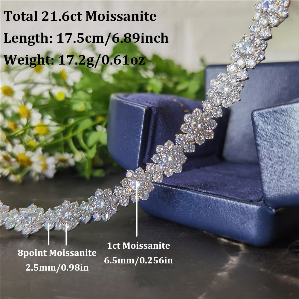 6.89inch Flower Moissanite Bangle Bracelet, 925 Sterling Silvery Wedding Bracelets for Women, 21.6cttw