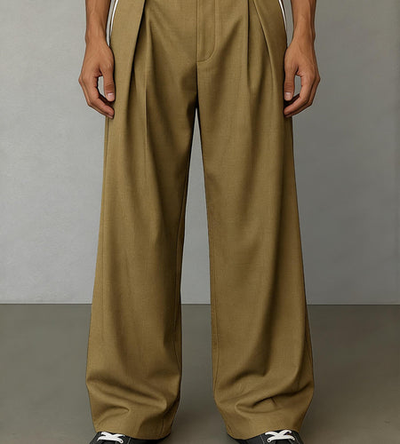 Men's Vintage Wide Leg Dress Pants - Loose Fit Casual Trousers with Zipper Closure, Color Block Side Stripe & Drawstring Waist | Retro Designer Pants for - Wear (Hand Washable)