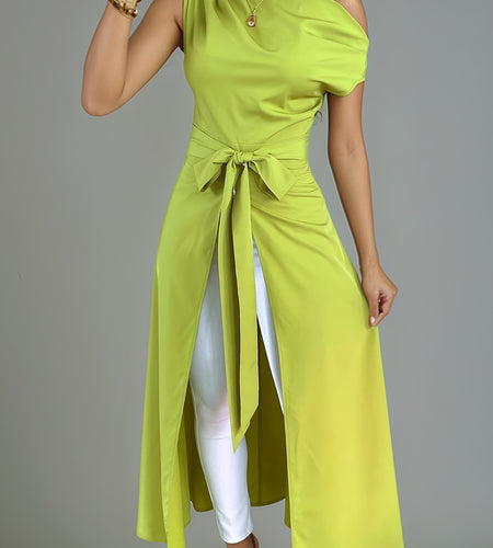 Elegant Off-Shoulder Lime Green Maxi Dress with Front Slit and Tie Waist - Long Sleeve, Polyester Blend, Sophisticated Knot Detail for Women