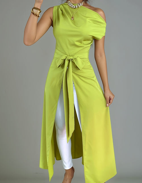 Load image into Gallery viewer, Elegant Off-Shoulder Lime Green Maxi Dress with Front Slit and Tie Waist - Long Sleeve, Polyester Blend, Sophisticated Knot Detail for Women
