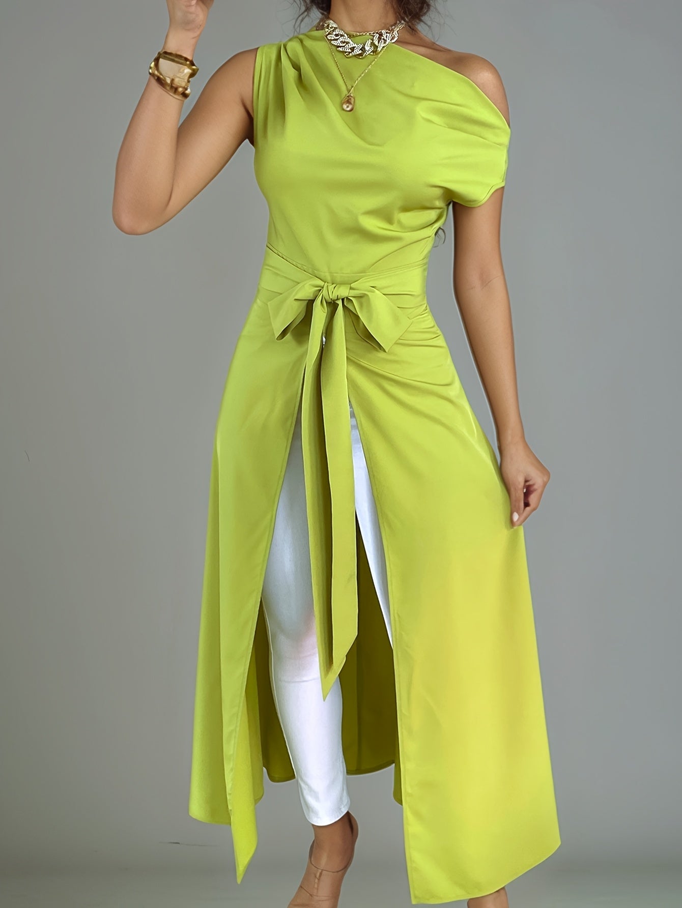 Elegant Off-Shoulder Lime Green Maxi Dress with Front Slit and Tie Waist - Long Sleeve, Polyester Blend, Sophisticated Knot Detail for Women
