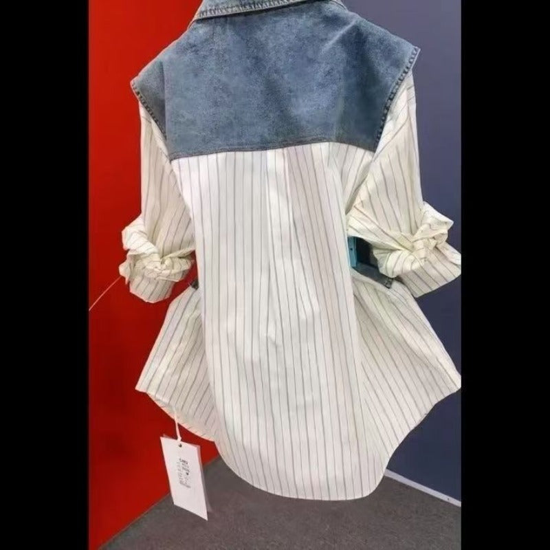 Women Easy on Denim Shacket, Featuring a No Zipper Button Design with a Two-Layer Appearance, Casual Blazer for Spring 2026  Versatile Plus Size Outerwear