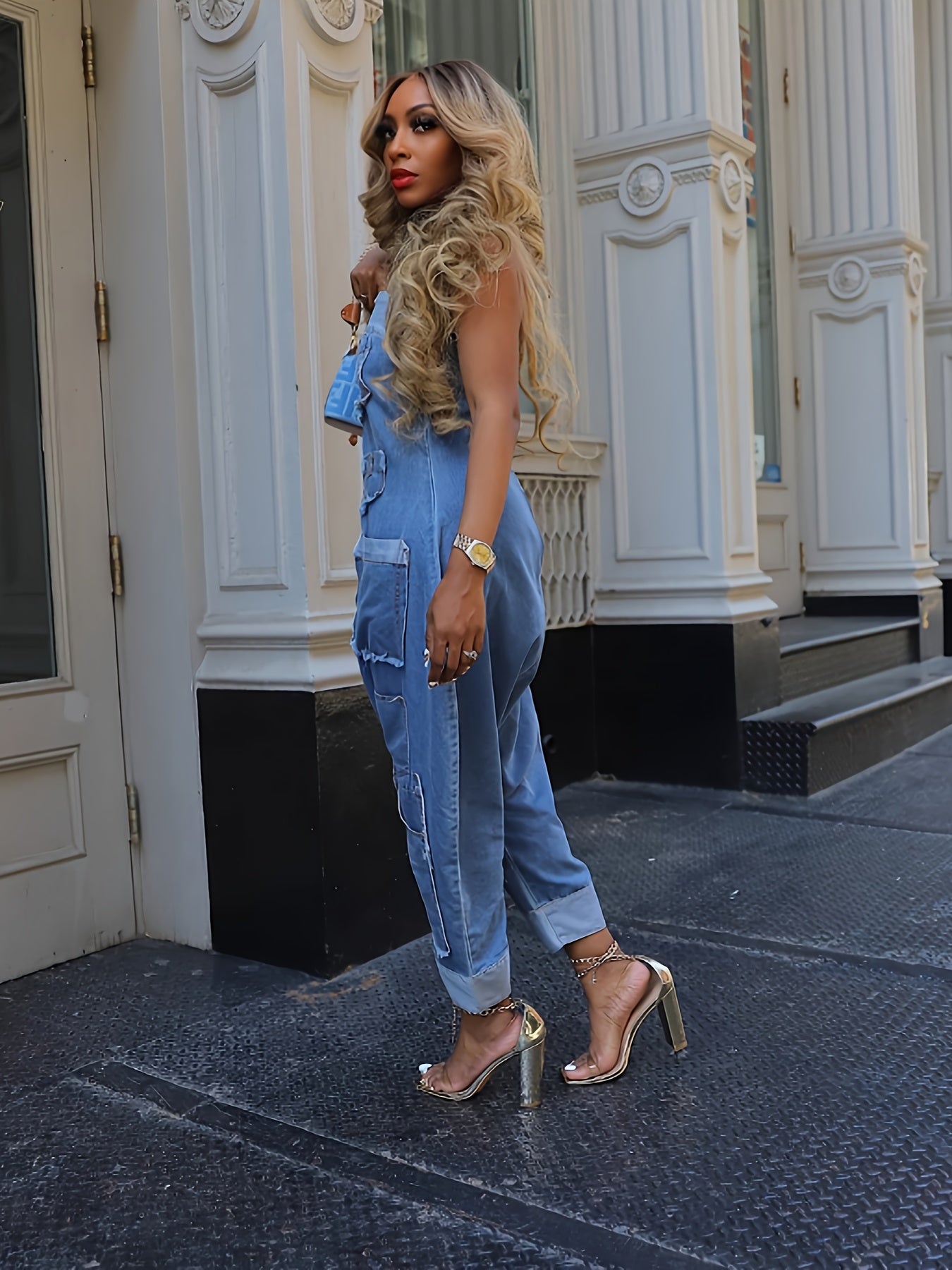 Women's Off-the-Shoulder Denim Overalls - Sexy Sleeveless Mid-Length Harem Pants with Color Block Patchwork, No Belt Loops, Spring Summer Fall Casual Streetwear