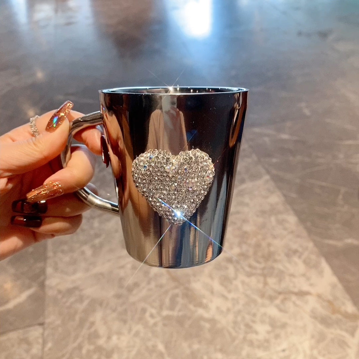 1pc Diamond-Studded Heart-Shaped Stainless Steel Coffee Mug - 304 Stainless Steel, Portable Travel Cup with Sparkling Diamond Accents, Elegant Gift for Coffee & Tea Lovers