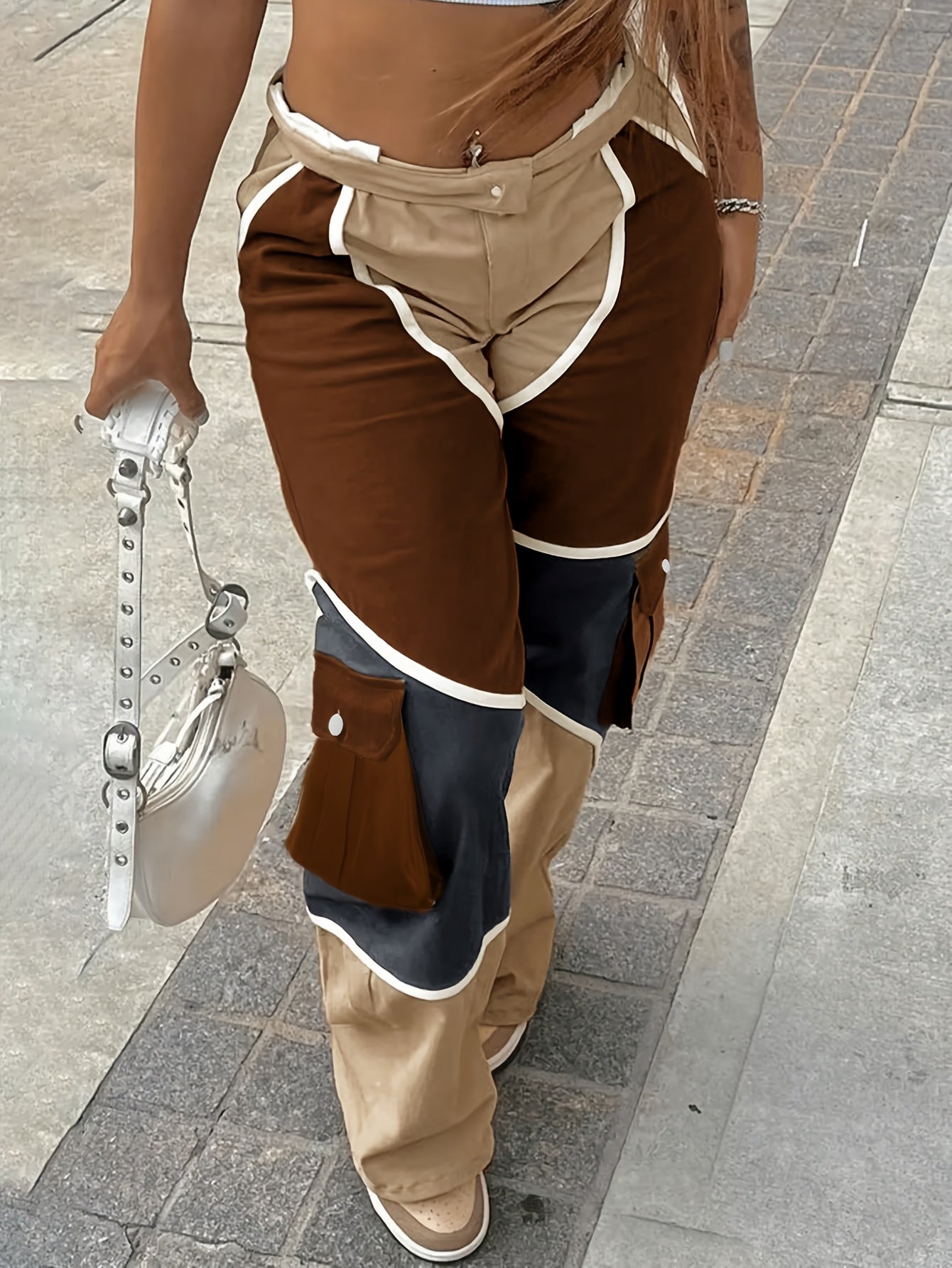 Ladies Fashion Long Overalls Zipper Closure Polyester Cargo Pants Sexy Patchwork Print All-Season Wear Hand Wash Recommended