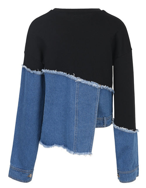 Load image into Gallery viewer, Women's Oversized Denim Patchwork Jacket-like Top - Casual Long Sleeve Crew Neck Blazer with Asymmetrical Collar, Fringe-Free Patchwork Design (No Chest Padding), All-Season Versatile Wear, Hand Washable Jeans-Inspired Blouse
