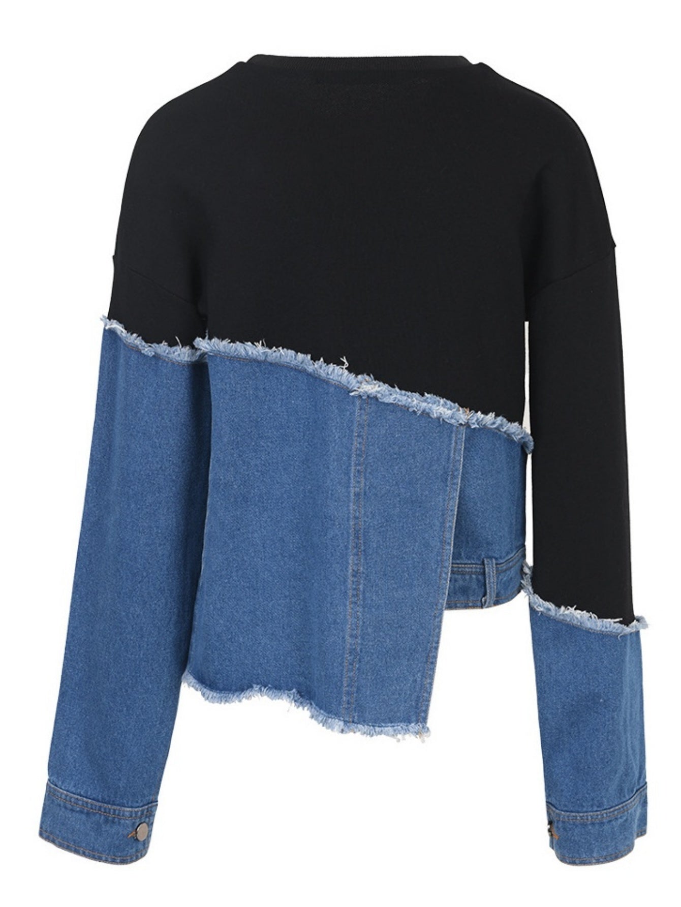 Women's Oversized Denim Patchwork Jacket-like Top - Casual Long Sleeve Crew Neck Blazer with Asymmetrical Collar, Fringe-Free Patchwork Design (No Chest Padding), All-Season Versatile Wear, Hand Washable Jeans-Inspired Blouse
