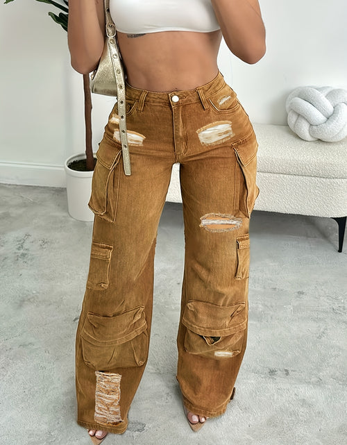 Load image into Gallery viewer, Y2K Women Mid Waist Cargo Jeans, Multi-Pocket Straight Denim Pants, Zippered Denim Raw Edge Hem Ripped Denim Pants
