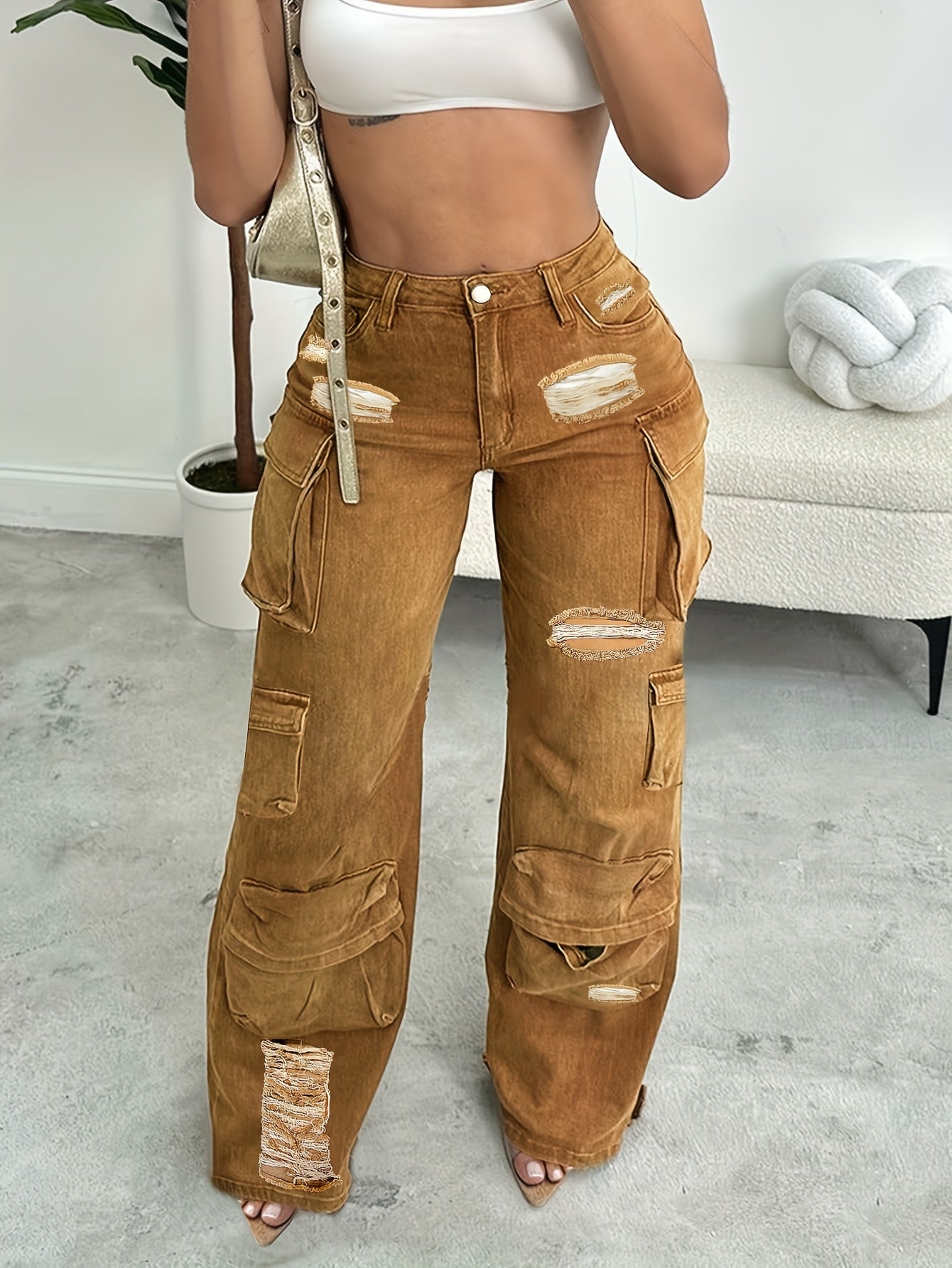 Y2K Women Mid Waist Cargo Jeans, Multi-Pocket Straight Denim Pants, Zippered Denim Raw Edge Hem Ripped Denim Pants
