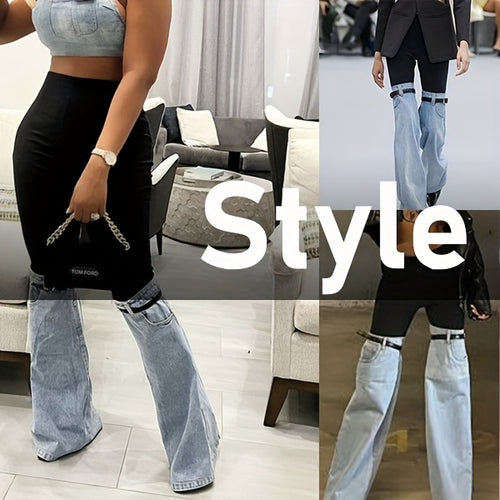 Load image into Gallery viewer, Women High Waist Slim Fit Flare Leggings - Black &amp; Light Wash Denim Bell-Bottom Pants with Adjustable Buckle Strap,  Retro Streetwear Style, All-Season Stretch Denim for Casual Outfits
