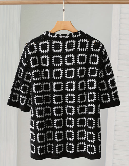 Load image into Gallery viewer, Men&#39;s Geometric Crochet Cardigan - Black &amp; White Contrast Short Sleeve Open Front Button Detail, Relaxed Fit Casual All-Season Knit Sweater, Versatile Fashion, Classic Turndown Collar, Elegant Button Closure
