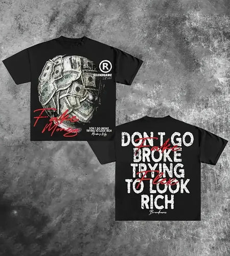 Men Graphic T-Shirt - Heavy Machinery Design with "DON'T GO BROKE TRYING to LOOK RICH" Slogan  - Black with Red/White Print -