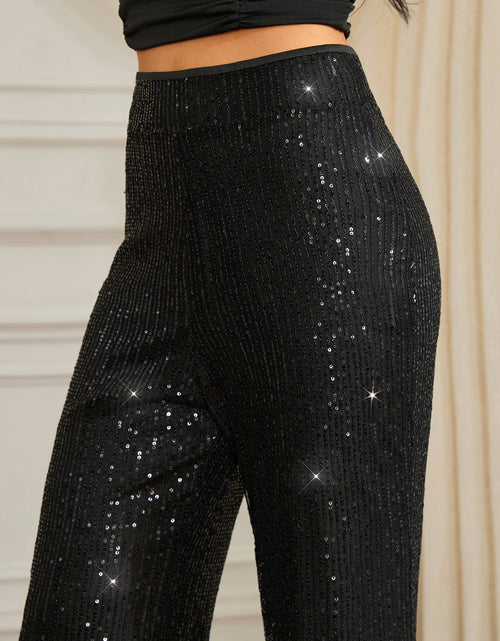 Load image into Gallery viewer, Women Glitter Sequin Wide-Leg Pants - Elastic Waist, Loose Fit, Black with Sparkling Sequins,  Comfortable Fit
