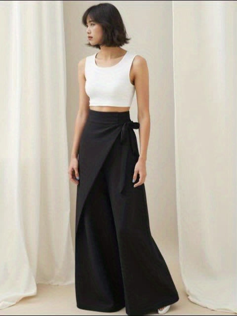 Load image into Gallery viewer, Women  High-Waisted Wide-Leg Trousers with Tie-Front Waist &amp; Belted Collar - Elegant Winter Pants for, Commuting, Dates - Non-Stretch Fall/Winter Outfits (Solid Black) - Hand Washable
