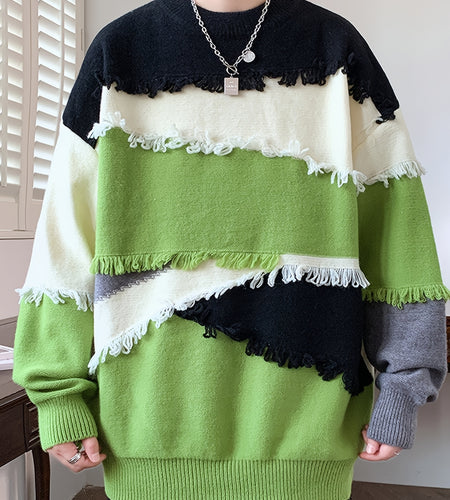 Men Streetwear Color Block Knit Sweater - Slim Fit High Elasticity Long Sleeve Round Neck Pullover with Tassel Details, Autumn Winter Fashion Trendy Casual Top, Seasonal Clothing, Bold Pattern, Soft Texture