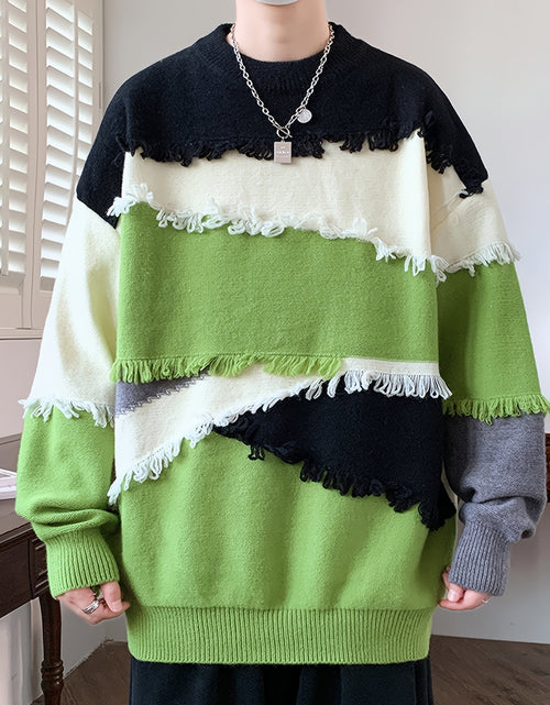 Load image into Gallery viewer, Men Streetwear Color Block Knit Sweater - Slim Fit High Elasticity Long Sleeve Round Neck Pullover with Tassel Details, Autumn Winter Fashion Trendy Casual Top, Seasonal Clothing, Bold Pattern, Soft Texture
