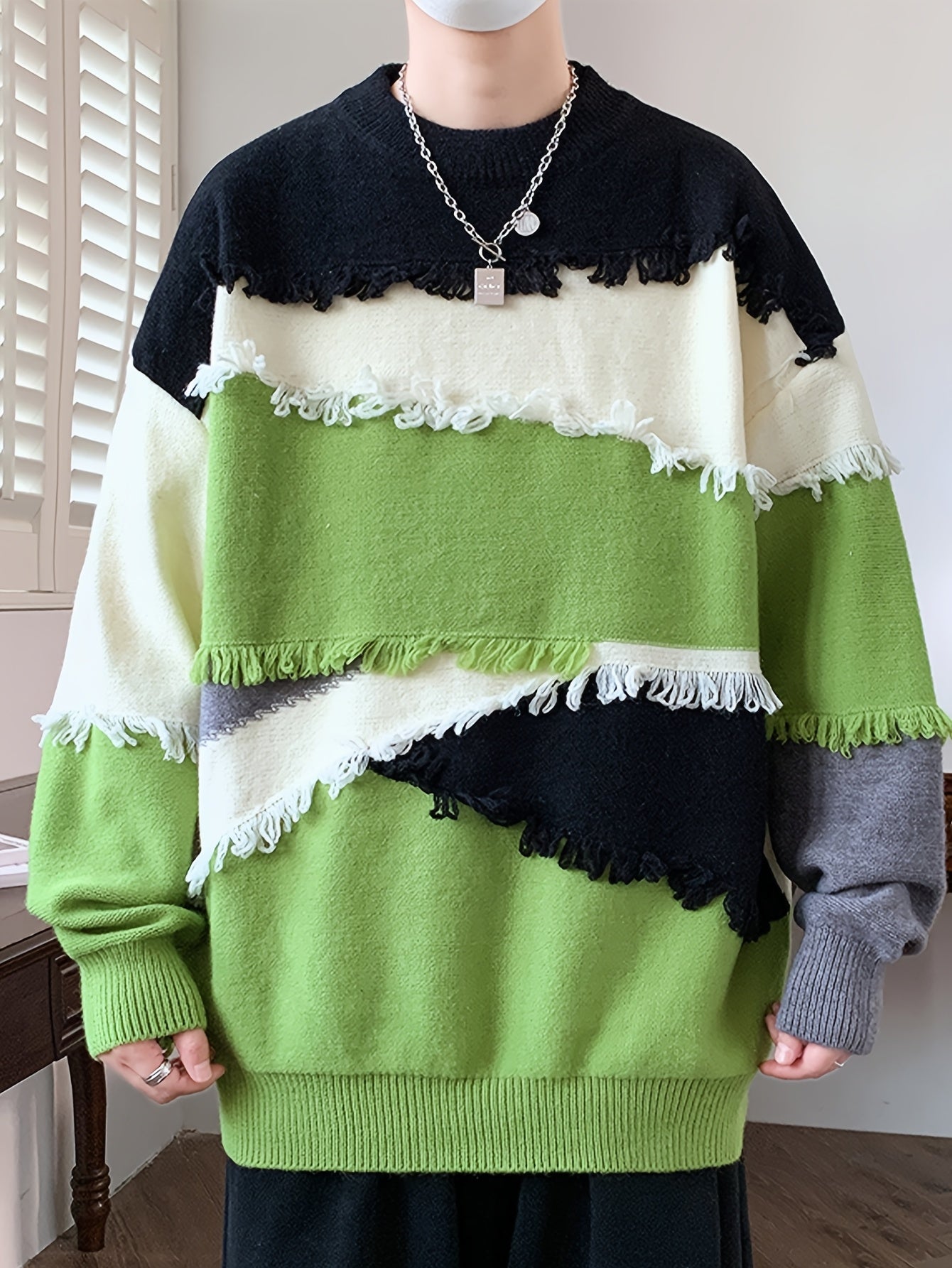 Men Streetwear Color Block Knit Sweater - Slim Fit High Elasticity Long Sleeve Round Neck Pullover with Tassel Details, Autumn Winter Fashion Trendy Casual Top, Seasonal Clothing, Bold Pattern, Soft Texture