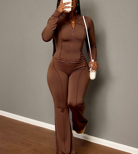 Two-Piece Set for Women, Brown Zip-Up Flare Pants, Stylish Casual & Streetwear Outfit