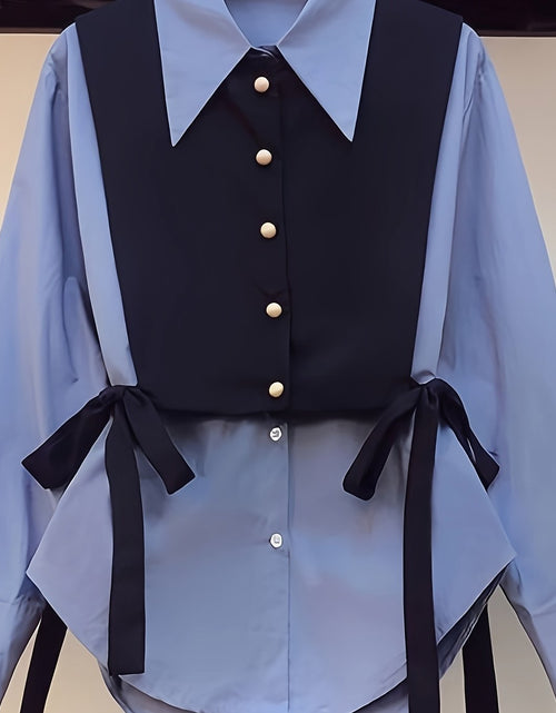 Load image into Gallery viewer, Women  Layered Tie-Front Blouse, Polyester Solid Color Long Sleeve Shirt, Lapel Collar, Double Layer Design
