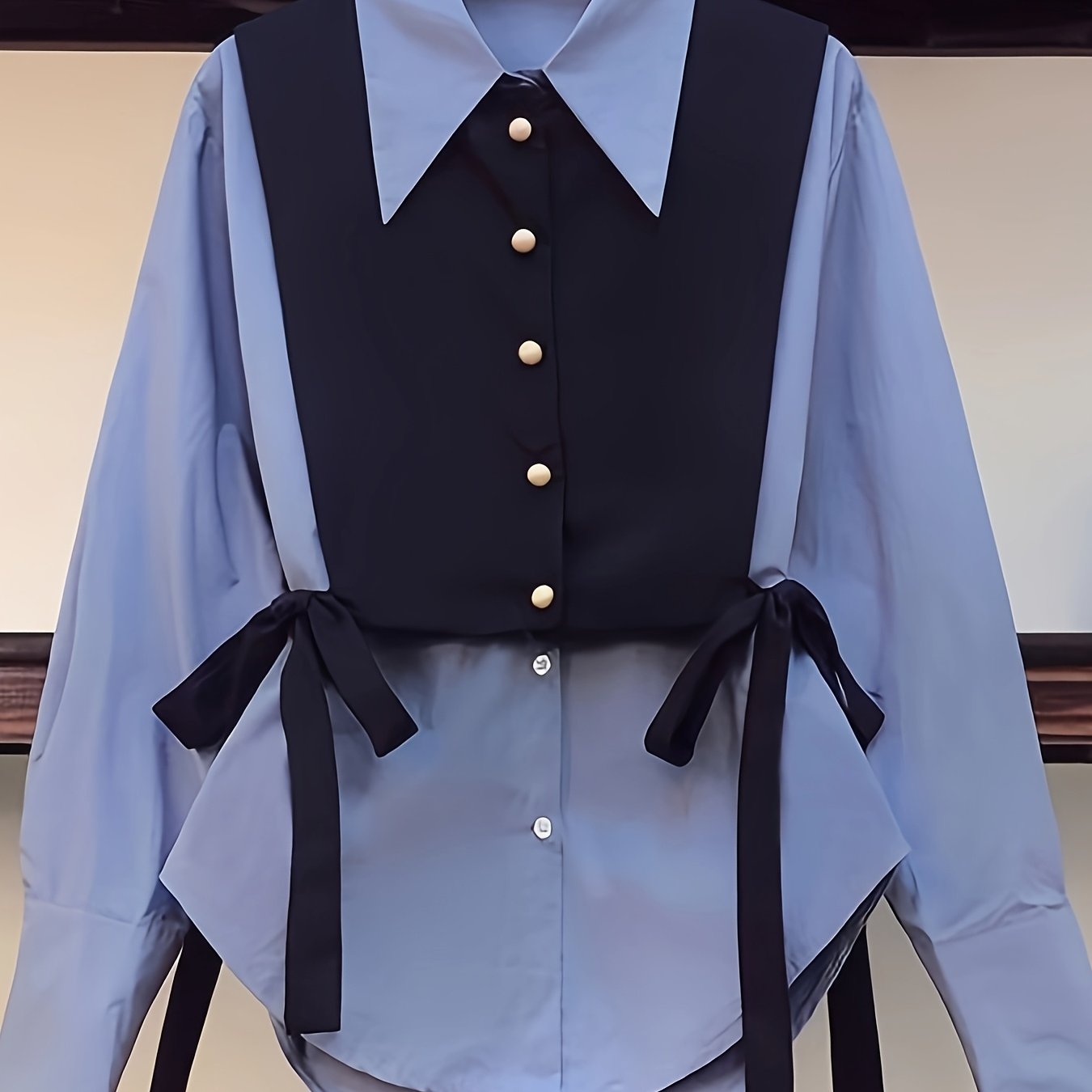 Women  Layered Tie-Front Blouse, Polyester Solid Color Long Sleeve Shirt, Lapel Collar, Double Layer Design