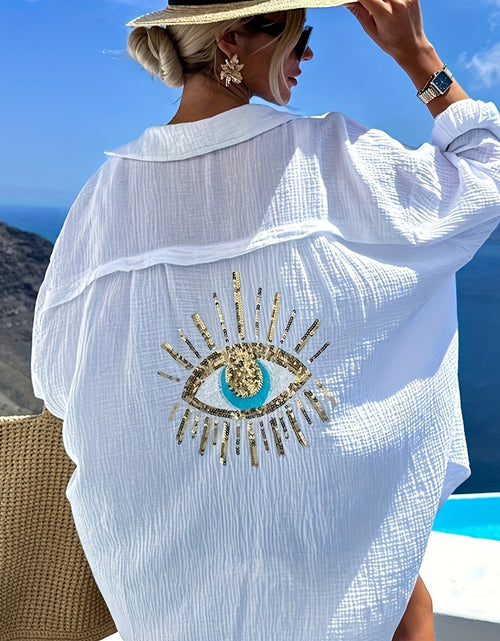 Load image into Gallery viewer, Plus Size Women&#39;s Teal Blue Beach Cardigan - Long Sleeve, Loose Fit, Sequin Third Eye Design, Soft Polyester Knit Fabric for Spring/Summer
