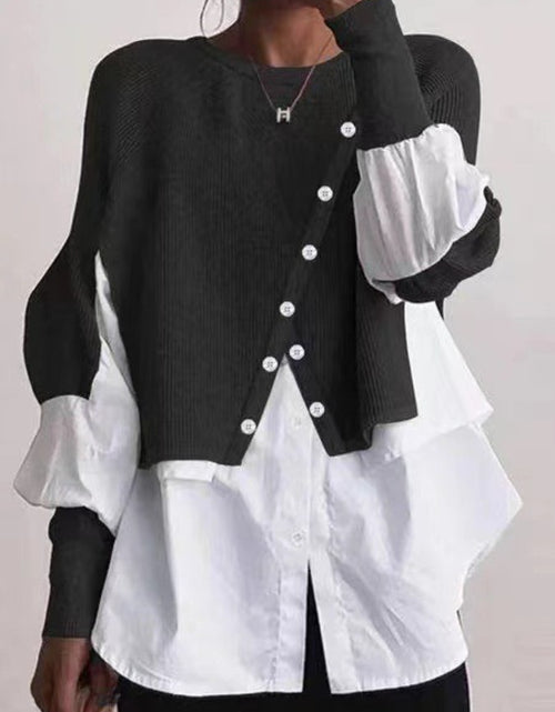 Load image into Gallery viewer, Elegant Two-Piece Sweater Shirt with Puffed Sleeves &amp; Button Front - Long Sleeve Round Neck All-Season Machine Washable Solid Color Outerwear
