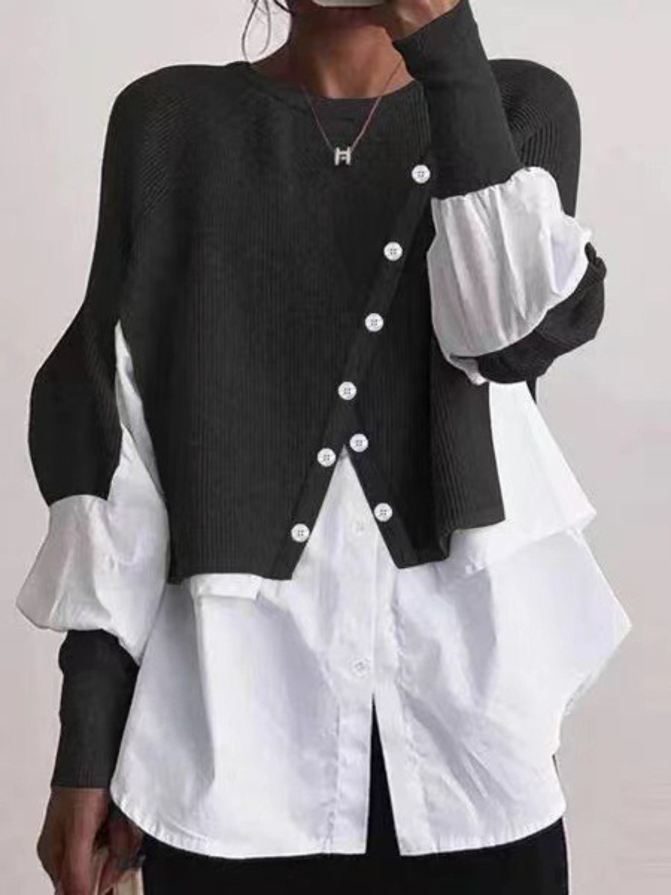 Elegant Two-Piece Sweater Shirt with Puffed Sleeves & Button Front - Long Sleeve Round Neck All-Season Machine Washable Solid Color Outerwear
