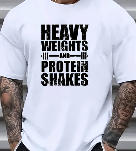 Men Heavy Weights & Protein Shakes Gym T-Shirt  Retro Bodybuilding Tee, Machine Washable Workout Shirt for Weightlifting & Casual Streetwear - Black with White Text Design, Fitness Apparel, Vintage Fitness Style, High quality