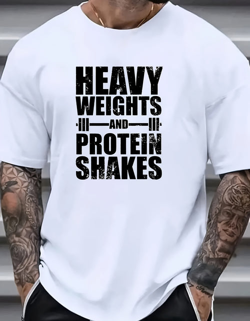 Load image into Gallery viewer, Men Heavy Weights &amp; Protein Shakes Gym T-Shirt  Retro Bodybuilding Tee, Machine Washable Workout Shirt for Weightlifting &amp; Casual Streetwear - Black with White Text Design, Fitness Apparel, Vintage Fitness Style, High quality
