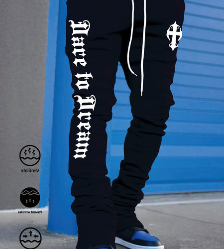 Men's Stylish Black Flared Pants with White Letter Print - Slim Fit, Anti-Wrinkle, Drawstring Waist, Casual & Hip Hop Joggers for Spring