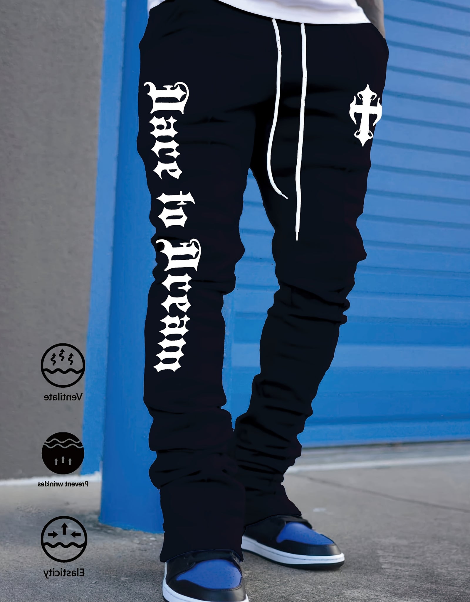 Men's Stylish Black Flared Pants with White Letter Print - Slim Fit, Anti-Wrinkle, Drawstring Waist, Casual & Hip Hop Joggers for Spring