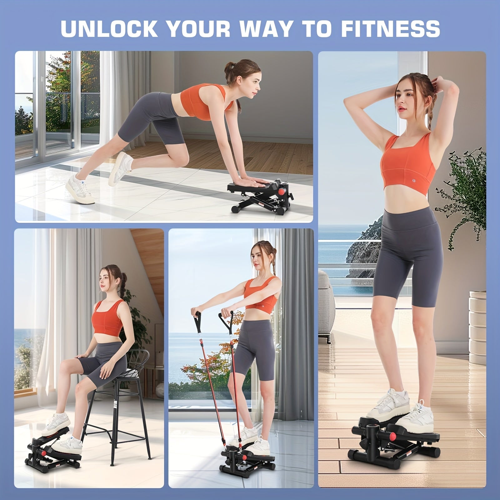 Lightweight Fitness Stepper With 2pcs Resistance Bands, Pedal Exerciser With LCD Monitor, Max Weight 250LBs