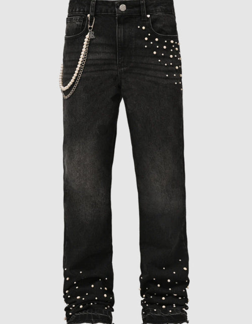 Load image into Gallery viewer, Men Slim-Fit Stretch Denim Jeans with Raw Hem &amp; Metallic Accents -  Light Blue &amp; Black, Comfortable &amp; Stylish for Casual Attire, Versatile Clothing, Trendy Streetwear, Durable Fabric
