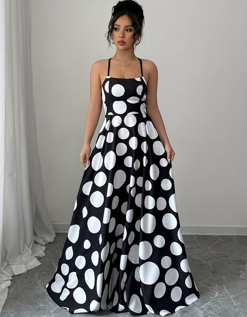Load image into Gallery viewer, Women Sleeveless Black and White Polka Dot Maxi Dress with Tie Back Detail - Perfect for Spring/Summer/Fall, Vacation Style, Regular Fit, ,Flared Hem, Adult Size, Vacation Attire |Flared Hemline |Backless Dress
