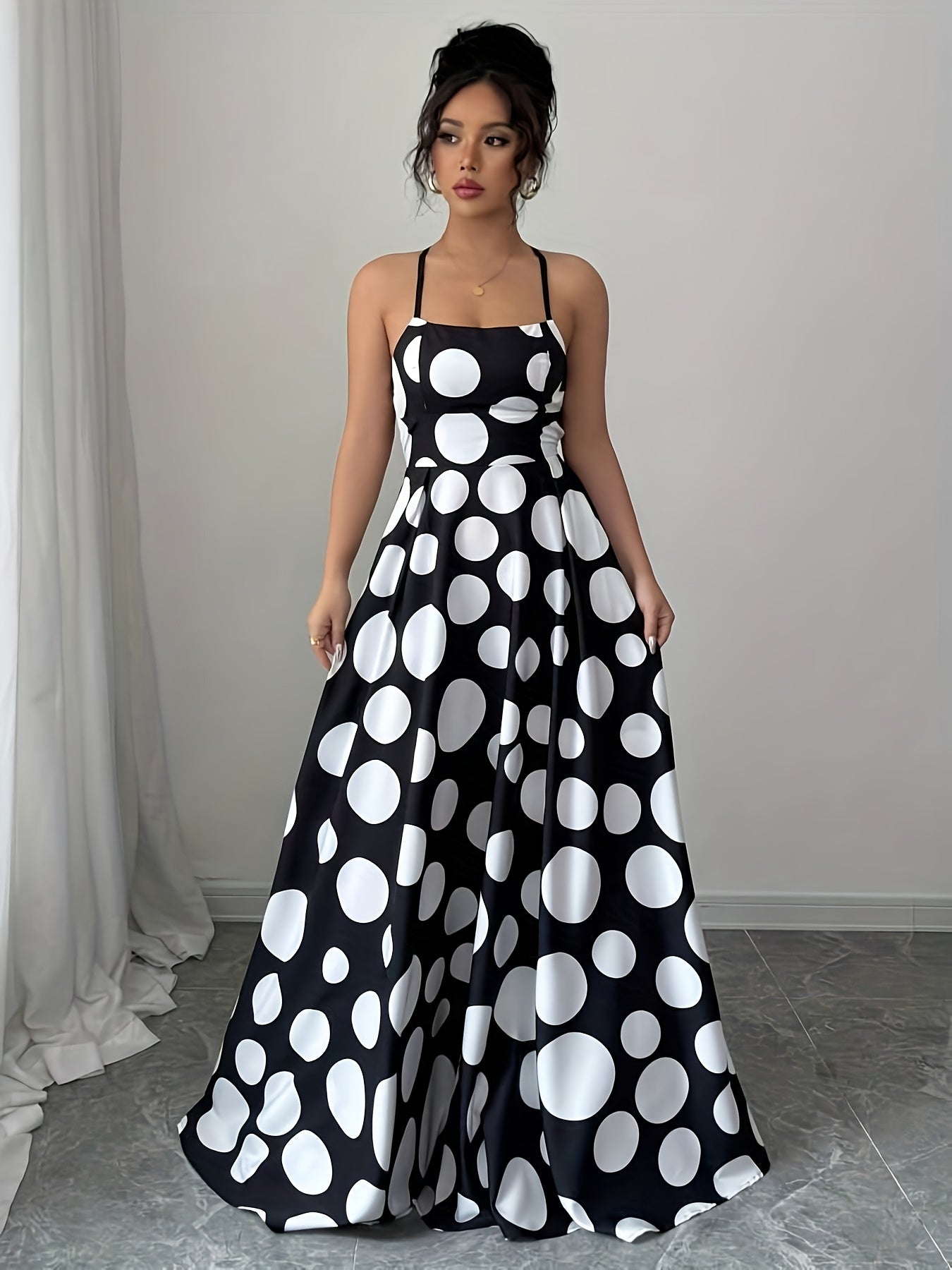Women Sleeveless Black and White Polka Dot Maxi Dress with Tie Back Detail - Perfect for Spring/Summer/Fall, Vacation Style, Regular Fit, ,Flared Hem, Adult Size, Vacation Attire |Flared Hemline |Backless Dress