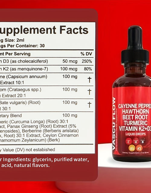 Load image into Gallery viewer, CAYENNE PEPPER, HAWTHORN, BEET ROOT, TURMERIC, VITAMIN K2+D3, ALL-IN-ONE LIQUID DROPS, EASILY MIX WITH SALAD, SMOOTHIES, SANDWICH, DROPS, COFFEE, 60ML
