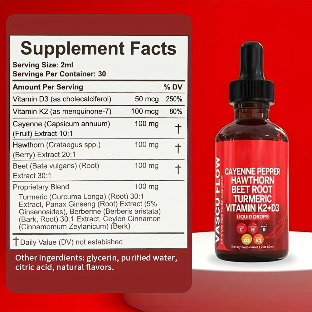 CAYENNE PEPPER, HAWTHORN, BEET ROOT, TURMERIC, VITAMIN K2+D3, ALL-IN-ONE LIQUID DROPS, EASILY MIX WITH SALAD, SMOOTHIES, SANDWICH, DROPS, COFFEE, 60ML