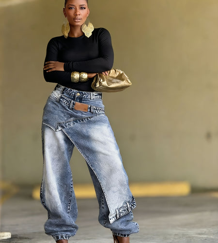Women's Jeans with Unique Asymmetrical Cut, Distressed Wash, Loose Tapered Fit to Conceal And Slim, Pair with Metallic Accessories to Instantly Become A Street-style Icon